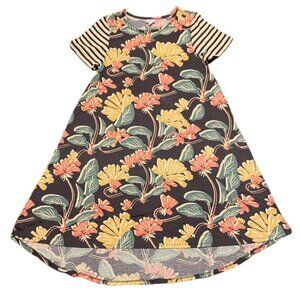NEW LuLaRoe Carly L Floral Stripe Gray Yellow Swing Dress High Low Flowy NWT